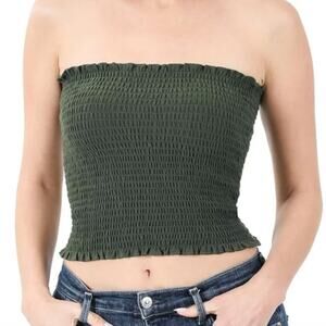 Windsor M Olive Green Smocked Ruffle Trim Strapless Crop Tube Top